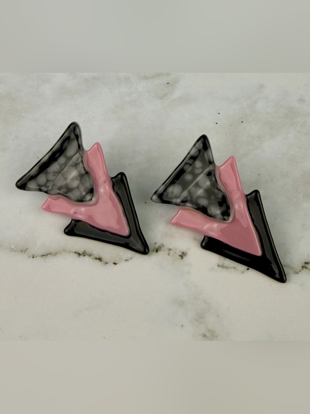 Vintage 80s Memphis Fused Glass Earrings Pink Black Geometric Arrow Statement